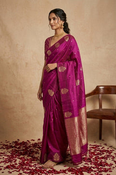 Ganga Ghat ~ Pure Handloom Silk Saree in Magenta Pink with Traditional Gold Zari - verymuchindian.com