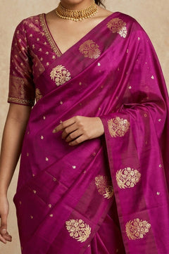 Ganga Ghat ~ Pure Handloom Silk Saree in Magenta Pink with Traditional Gold Zari - verymuchindian.com