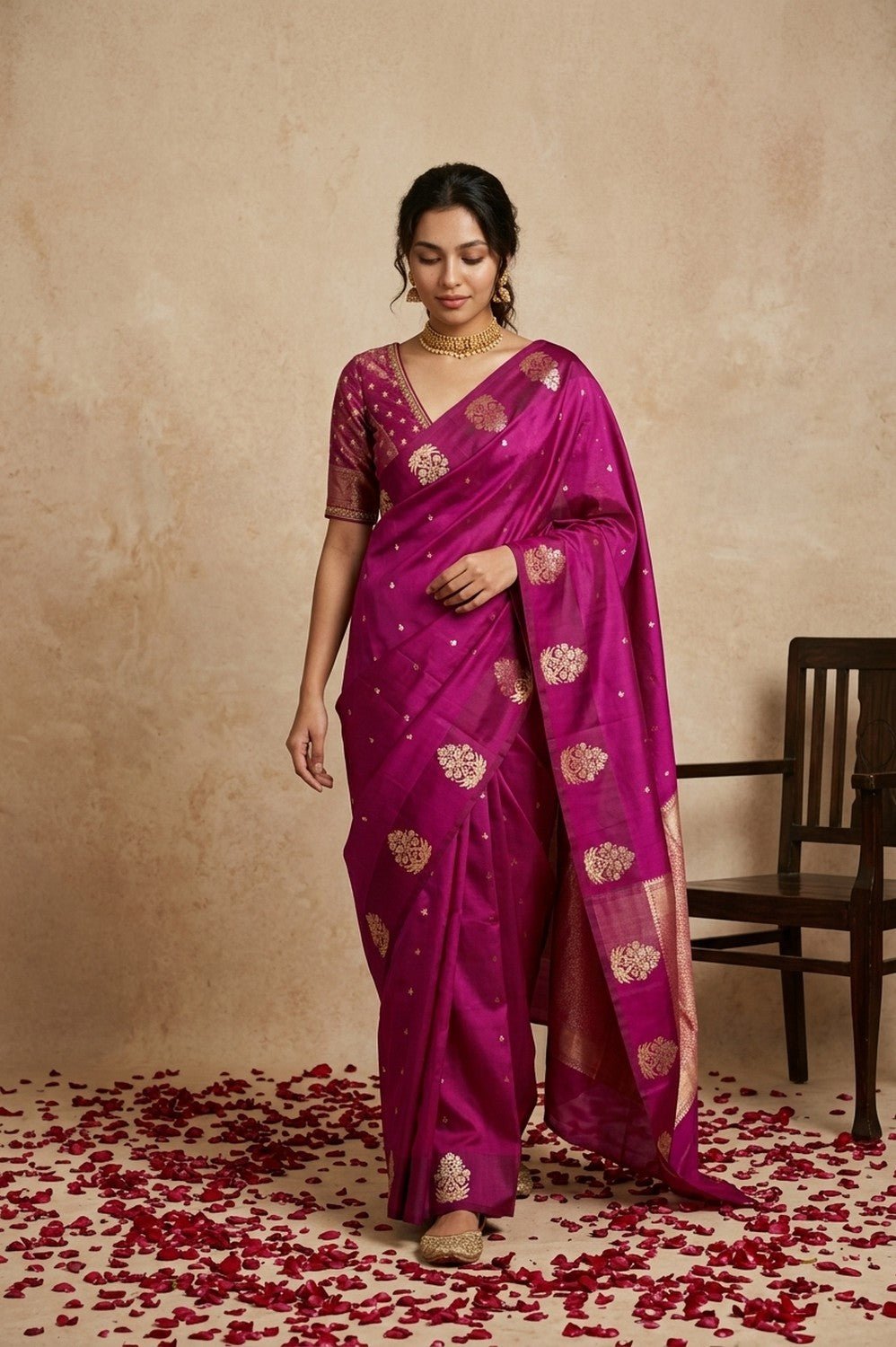Ganga Ghat ~ Pure Handloom Silk Saree in Magenta Pink with Traditional Gold Zari - verymuchindian.com