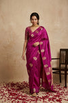 Ganga Ghat ~ Pure Handloom Silk Saree in Magenta Pink with Traditional Gold Zari - verymuchindian.com