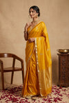 Ganga Ghat ~ Pure Handloom Silk Saree in Mustard Yellow with Traditional Silver Zari - verymuchindian.com