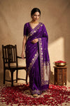 Ganga Ghat ~ Pure Katan Silk Saree in Royal Purple with Traditional Gold Zari - verymuchindian.com