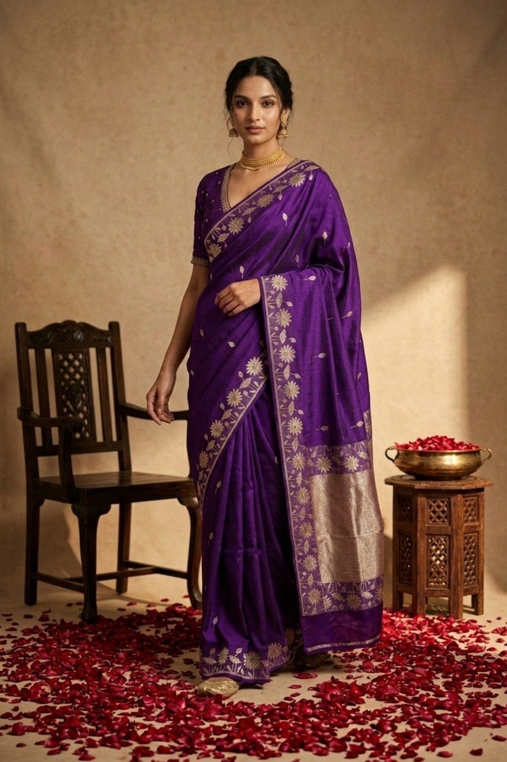 Ganga Ghat ~ Pure Katan Silk Saree in Royal Purple with Traditional Gold Zari - verymuchindian.com