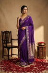 Ganga Ghat ~ Pure Katan Silk Saree in Royal Purple with Traditional Gold Zari - verymuchindian.com