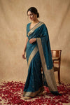 Ganga Ghat ~ Pure Katan Silk Saree in Teal Blue with Antique Gold Zari - verymuchindian.com