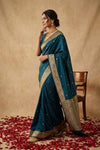 Ganga Ghat ~ Pure Katan Silk Saree in Teal Blue with Antique Gold Zari - verymuchindian.com