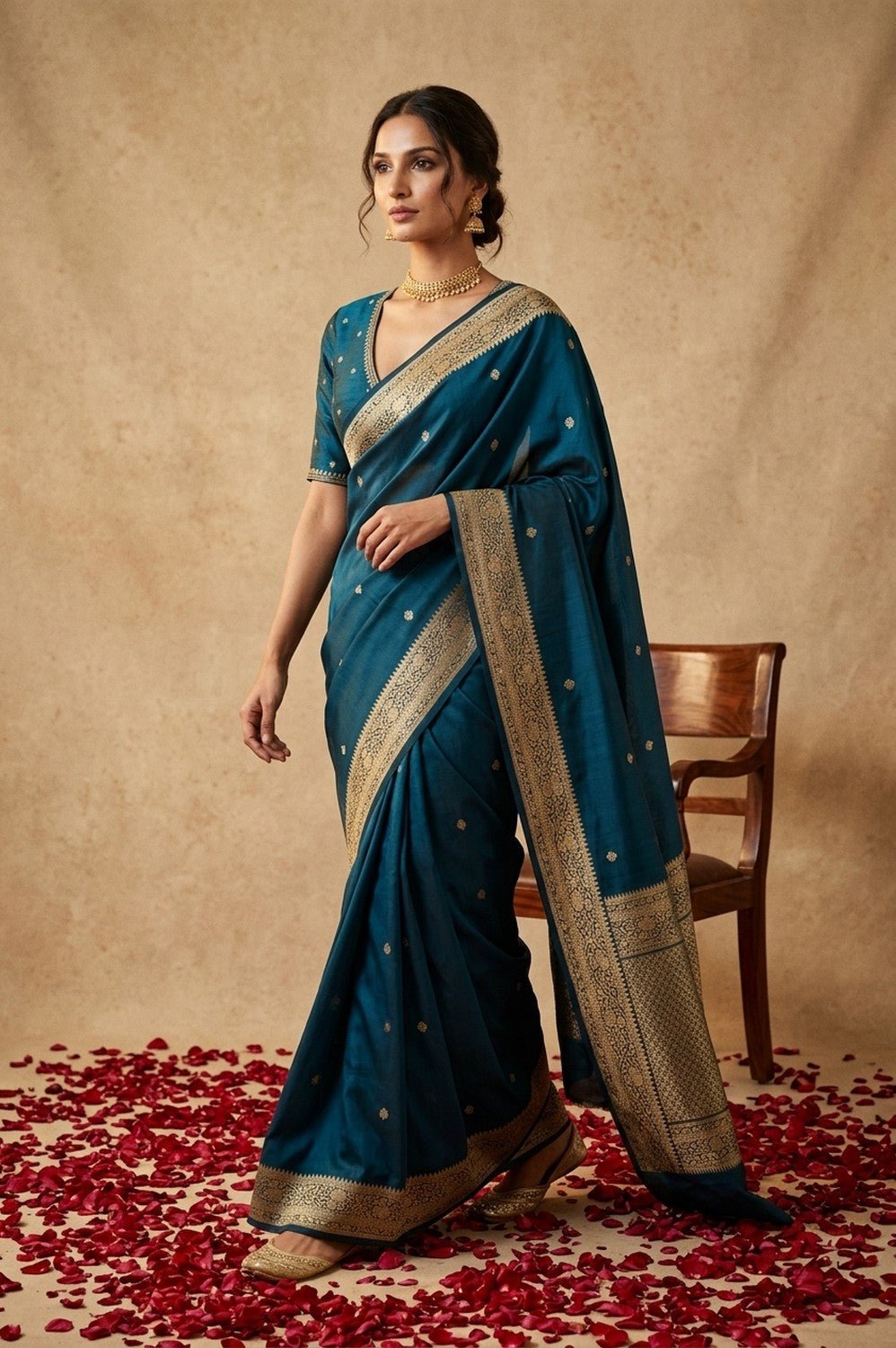 Ganga Ghat ~ Pure Katan Silk Saree in Teal Blue with Antique Gold Zari - verymuchindian.com
