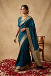 Ganga Ghat ~ Pure Katan Silk Saree in Teal Blue with Antique Gold Zari - verymuchindian.com