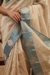 Ganga Ghat ~ Pure Katan Tissue Silk Saree in Ivory with Grey Border - verymuchindian.com