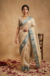 Ganga Ghat ~ Pure Katan Tissue Silk Saree in Ivory with Grey Border - verymuchindian.com