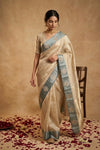 Ganga Ghat ~ Pure Katan Tissue Silk Saree in Ivory with Grey Border - verymuchindian.com