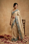 Ganga Ghat ~ Pure Katan Tissue Silk Saree in Ivory with Grey Border - verymuchindian.com