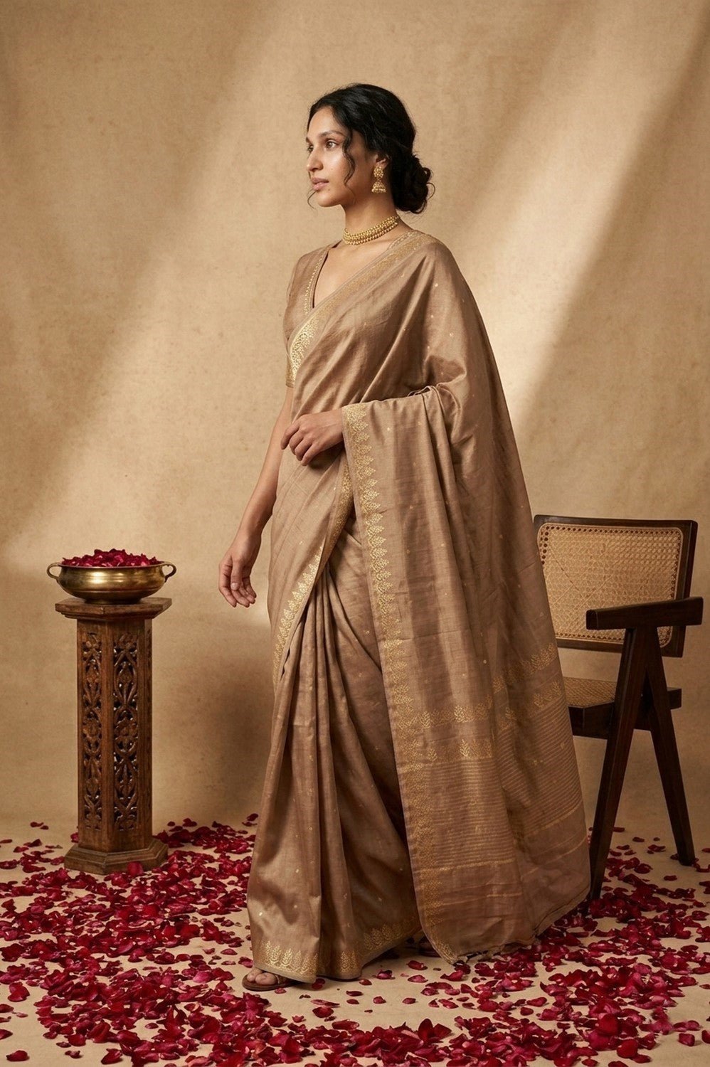 Ganga Ghat ~ Pure Raw Mango Silk Saree in Champagne Gold with Traditional Gold Zari - verymuchindian.com
