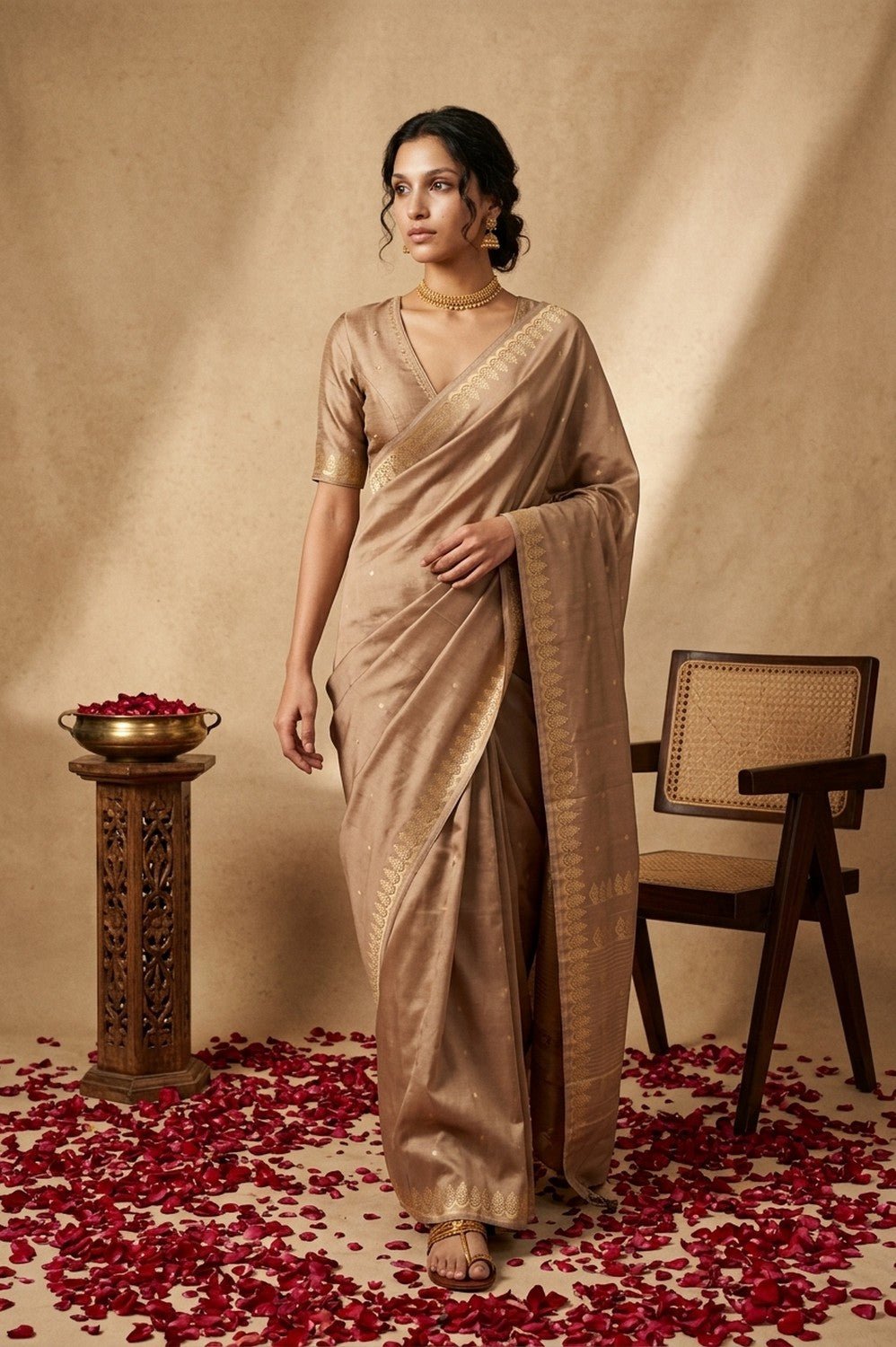 Ganga Ghat ~ Pure Raw Mango Silk Saree in Champagne Gold with Traditional Gold Zari - verymuchindian.com