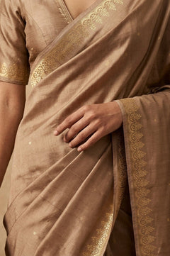Ganga Ghat ~ Pure Raw Mango Silk Saree in Champagne Gold with Traditional Gold Zari - verymuchindian.com