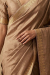 Ganga Ghat ~ Pure Raw Mango Silk Saree in Champagne Gold with Traditional Gold Zari - verymuchindian.com