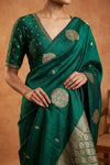 Ganga Ghat ~ Pure Raw Mango Silk Saree in Emerald Green with Traditional Gold Zari - verymuchindian.com