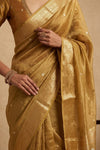 Ganga Ghat ~ Pure Tissue Silk Saree in Golden Mustard with Silver & Gold Zari - verymuchindian.com