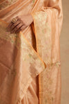 Ganga Ghat ~ Banarasi Pure Katan silk Saree with Elegant Gold Zari Weave and Floral Border In Peach Pastel
