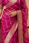 Ganga Ghat ~ Handwoven Banarasi Pure Organza Silk Saree In Rani Pink Leheriya Stripes