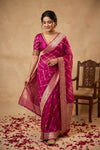 Ganga Ghat ~ Handwoven Banarasi Pure Organza Silk Saree In Rani Pink Leheriya Stripes