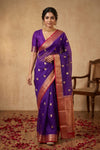 Ganga Ghat ~ Banarasi Pure Organza Silk Saree with Rich Gold Zari Border and Butti Work In  Royal Purple