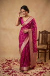 Ganga Ghat ~ Handwoven Banarasi Pure Organza Silk Saree In Rani Pink Leheriya Stripes