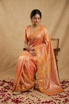 Ganga Ghat ~ Handwoven Pure Katan Silk Saree in Rangkath Sunset Peach & Amber Rangkaath saree