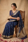Ganga Ghat ~ Handwoven Banarasi Pure Organza Silk Saree In Royal Blue Leheriya Stripes