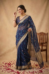 Ganga Ghat ~ Handwoven Banarasi Pure Organza Silk Saree In Royal Blue Leheriya Stripes