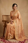 Ganga Ghat ~ Banarasi Pure Katan silk Saree with Elegant Gold Zari Weave and Floral Border In Peach Pastel
