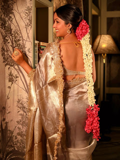 Gaurangi ~ Banarasi Organza Silk Tissue Saree with Designer Lace in silver hue - verymuchindian.com