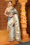 Gaurangi ~ Banarasi Organza Silk Tissue Saree with Designer Lace in silver hue - verymuchindian.com