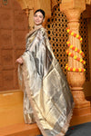 Gaurangi ~ Banarasi Organza Silk Tissue Saree with Designer Lace in silver hue - verymuchindian.com