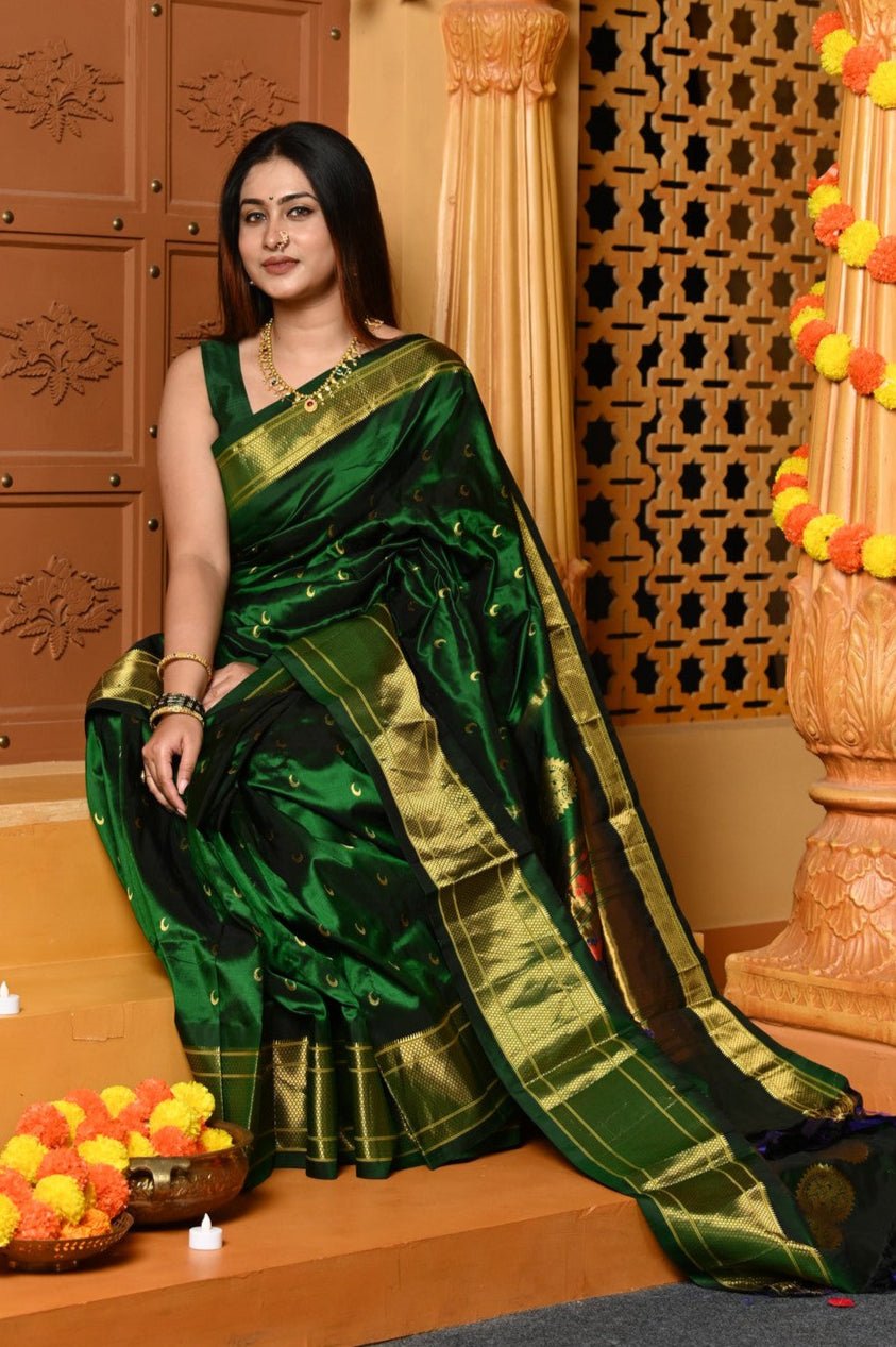 Gaurangi Chandrakor ~ Handloom Pure Silk Maharani Paithani with Majestic Maharani Pallu in Royal Green - verymuchindian.com