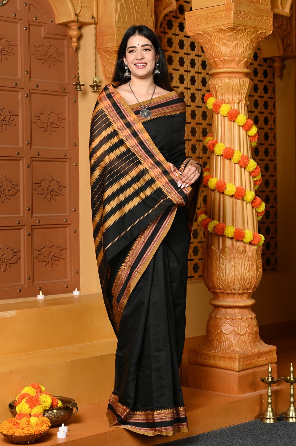 Gaurangi ~ Cotton Blend Saree in Regal Black with Exclusive Border & Pallu - verymuchindian.com