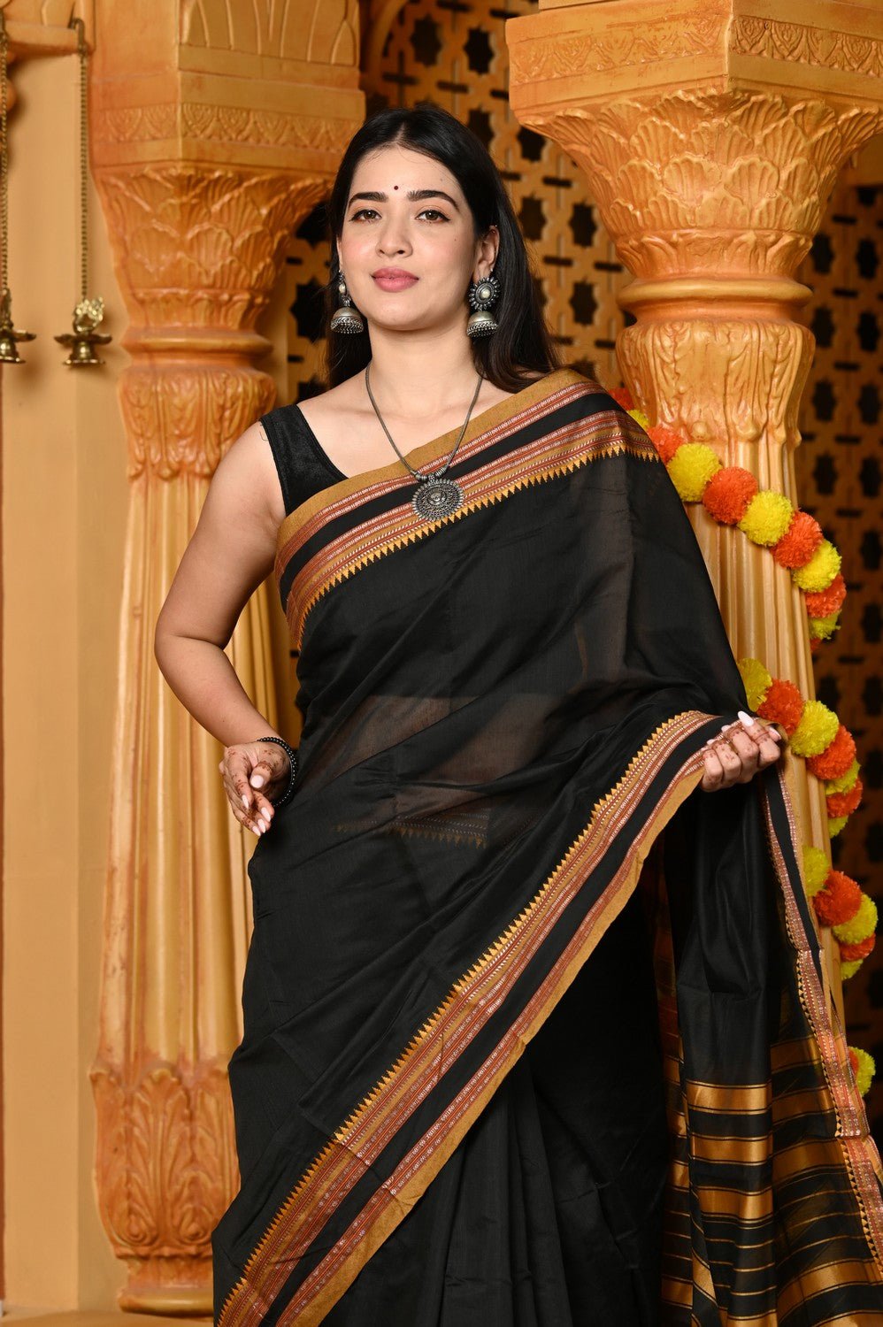 Gaurangi ~ Cotton Blend Saree in Regal Black with Exclusive Border & Pallu - verymuchindian.com