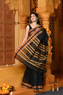 Gaurangi ~ Cotton Blend Saree in Regal Black with Exclusive Border & Pallu - verymuchindian.com