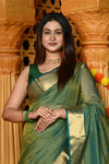Gaurangi ~ Garbh Reshami Handloom Cotton Silk Saree with Golden Border in Exclusive Dual Tone Blue Green. - verymuchindian.com