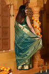 Gaurangi ~ Garbh Reshami Handloom Cotton Silk Saree with Golden Border in Exclusive Dual Tone Blue Green. - verymuchindian.com
