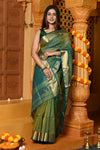Gaurangi ~ Garbh Reshami Handloom Cotton Silk Saree with Golden Border in Exclusive Dual Tone Blue Green. - verymuchindian.com