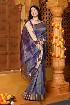 Gaurangi ~ Garbhreshmi Handloom Cotton Silk Saree with Golden Border in Exclusive Dual Tone Lavender Blue - verymuchindian.com