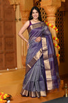 Gaurangi ~ Garbhreshmi Handloom Cotton Silk Saree with Golden Border in Exclusive Dual Tone Lavender Blue - verymuchindian.com