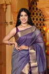 Gaurangi ~ Garbhreshmi Handloom Cotton Silk Saree with Golden Border in Exclusive Dual Tone Lavender Blue - verymuchindian.com