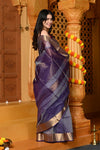 Gaurangi ~ Garbhreshmi Handloom Cotton Silk Saree with Golden Border in Exclusive Dual Tone Lavender Blue - verymuchindian.com