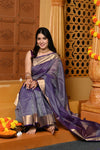 Gaurangi ~ Garbhreshmi Handloom Cotton Silk Saree with Golden Border in Exclusive Dual Tone Lavender Blue - verymuchindian.com