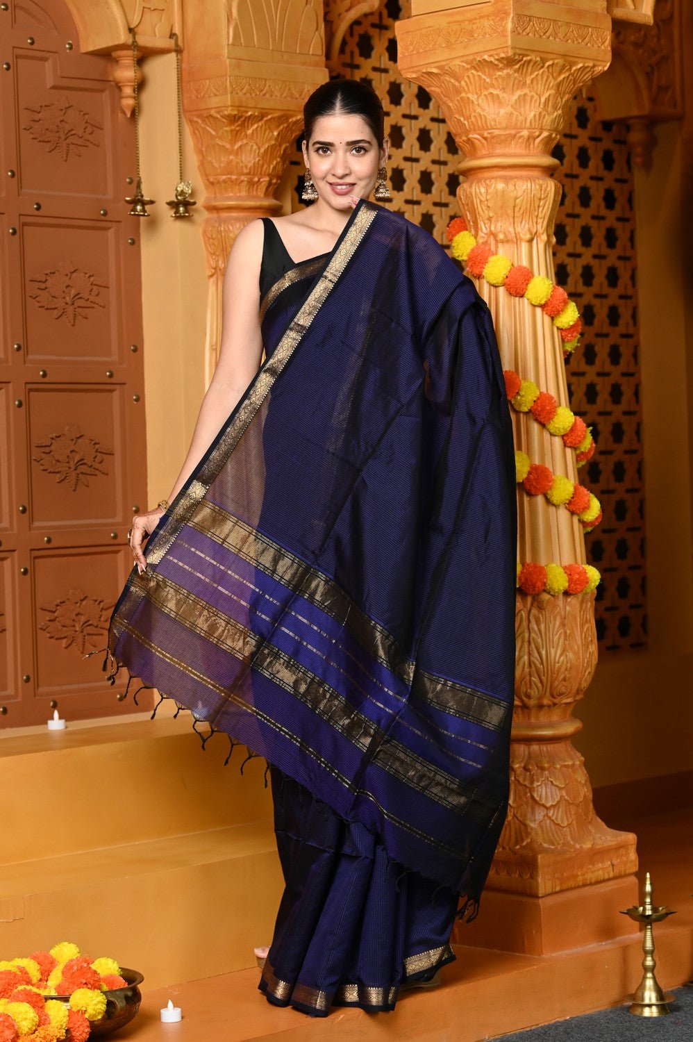 Gaurangi ~ Garbhreshmi Handloom Cotton Silk Saree with Golden Border in Exclusive Violet - verymuchindian.com