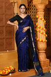 Gaurangi ~ Garbhreshmi Handloom Cotton Silk Saree with Sleek Golden Border in Exclusive Deep Blue - verymuchindian.com