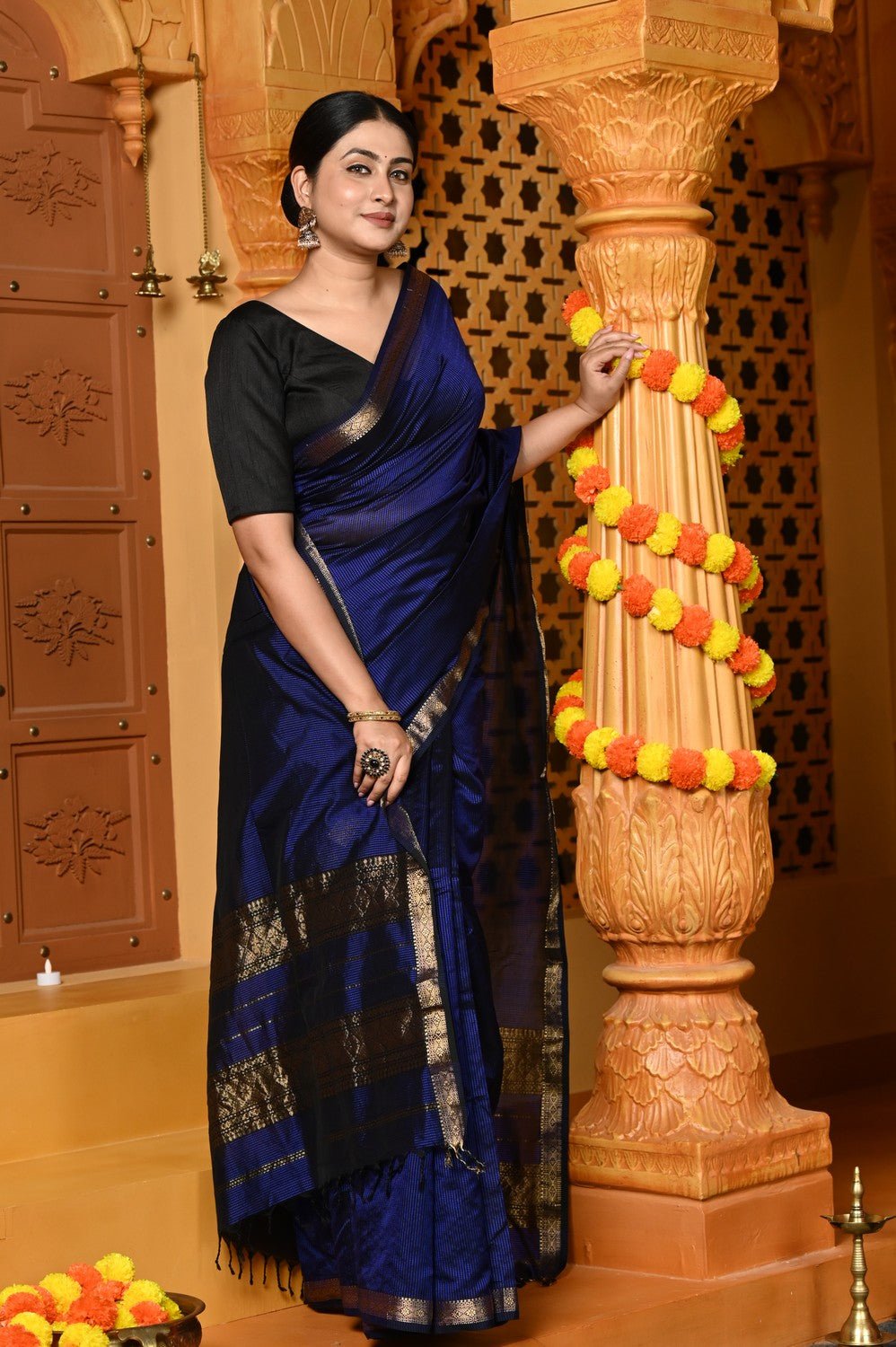 Gaurangi ~ Garbhreshmi Handloom Cotton Silk Saree with Sleek Golden Border in Exclusive Deep Blue - verymuchindian.com
