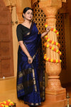 Gaurangi ~ Garbhreshmi Handloom Cotton Silk Saree with Sleek Golden Border in Exclusive Deep Blue - verymuchindian.com